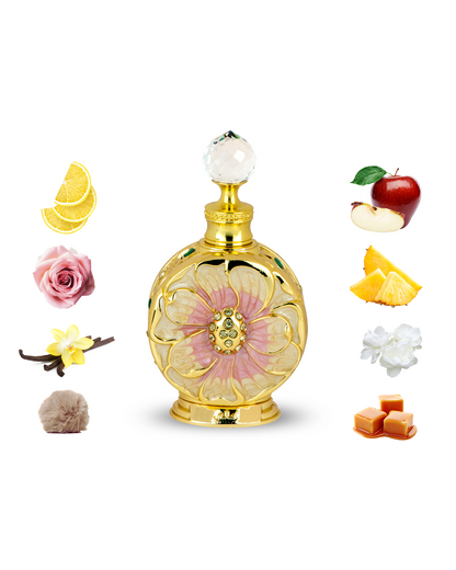 amaali by swiss arabian perfume oil bottle surrounded with its ingredients like rose and vanilla with many others shows around the bottle  against white background