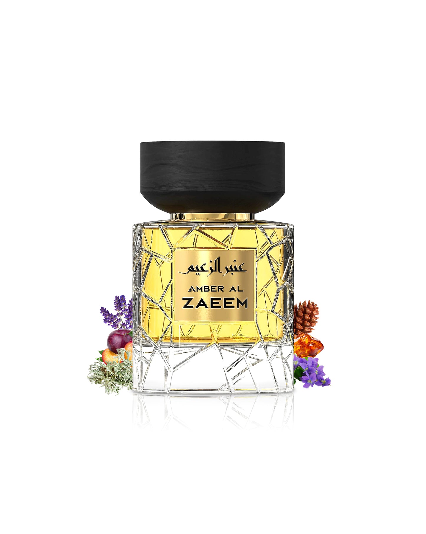 nylaa amber al zaeem perfume bottle surrounded-with-amber-and-patchouli shows from behind the bottle against white background