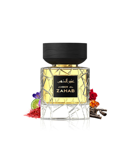 nylaa amber al zahab perfume bottle  surrounded with fragrance notes like saffron and rose shows from behind the bottle against white background