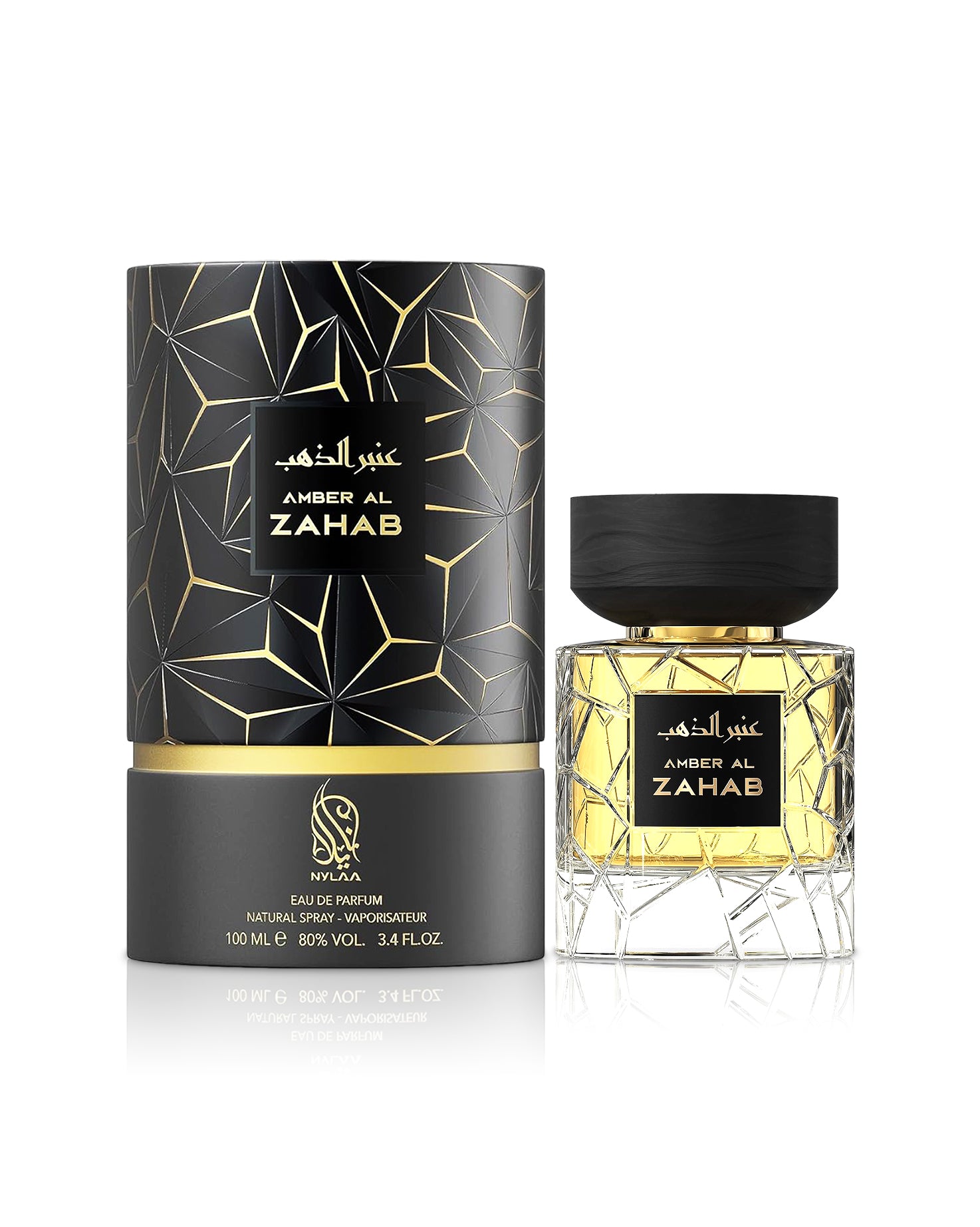 nylaa Amber Al Zahab perfume bottle and packaging on a white background