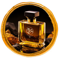 amber aromatic perfume bottle surrounded by amber stones over a reflected surface