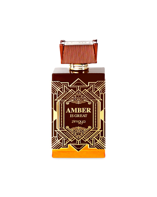 amber is great extrait de parfum by zimaya perfume bottle shows against white background