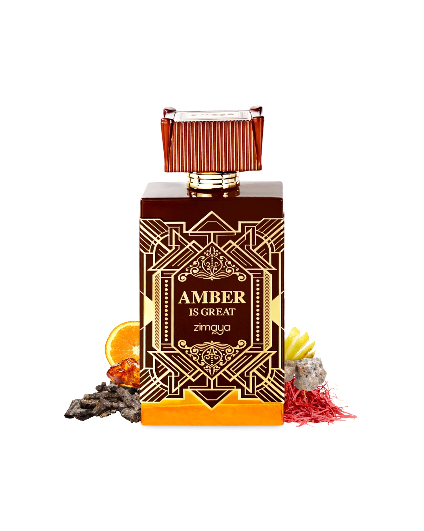 amber is great extrait de parfum by zimaya perfume bottle surrounded with its ingredients like amber and saffron shows from behind the bottle against white background