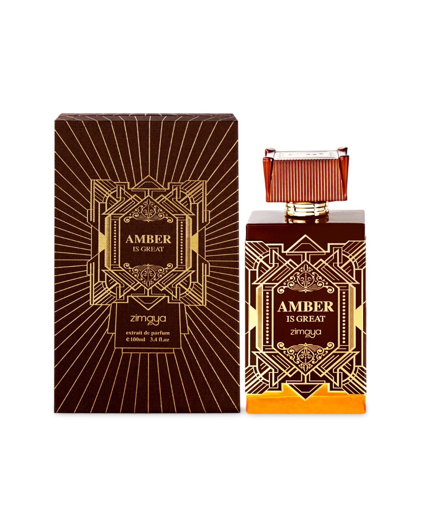 amber is great extrait de parfum by zimaya perfume bottle shows beside its box against white background