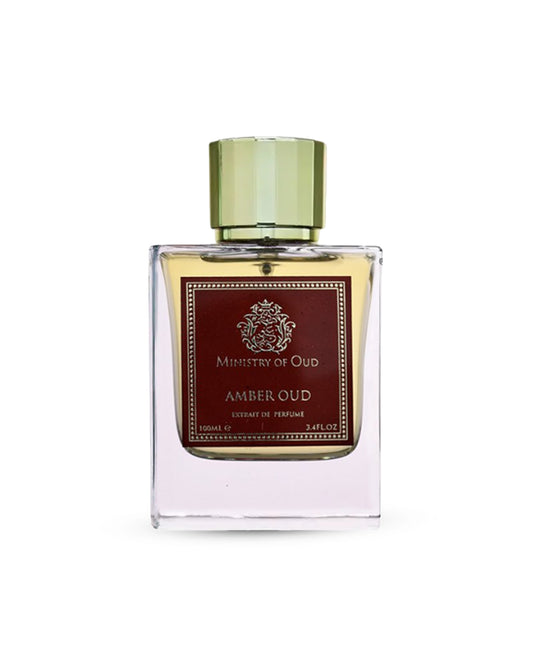 amber oud by ministry of oud perfume bottle shows against white background 