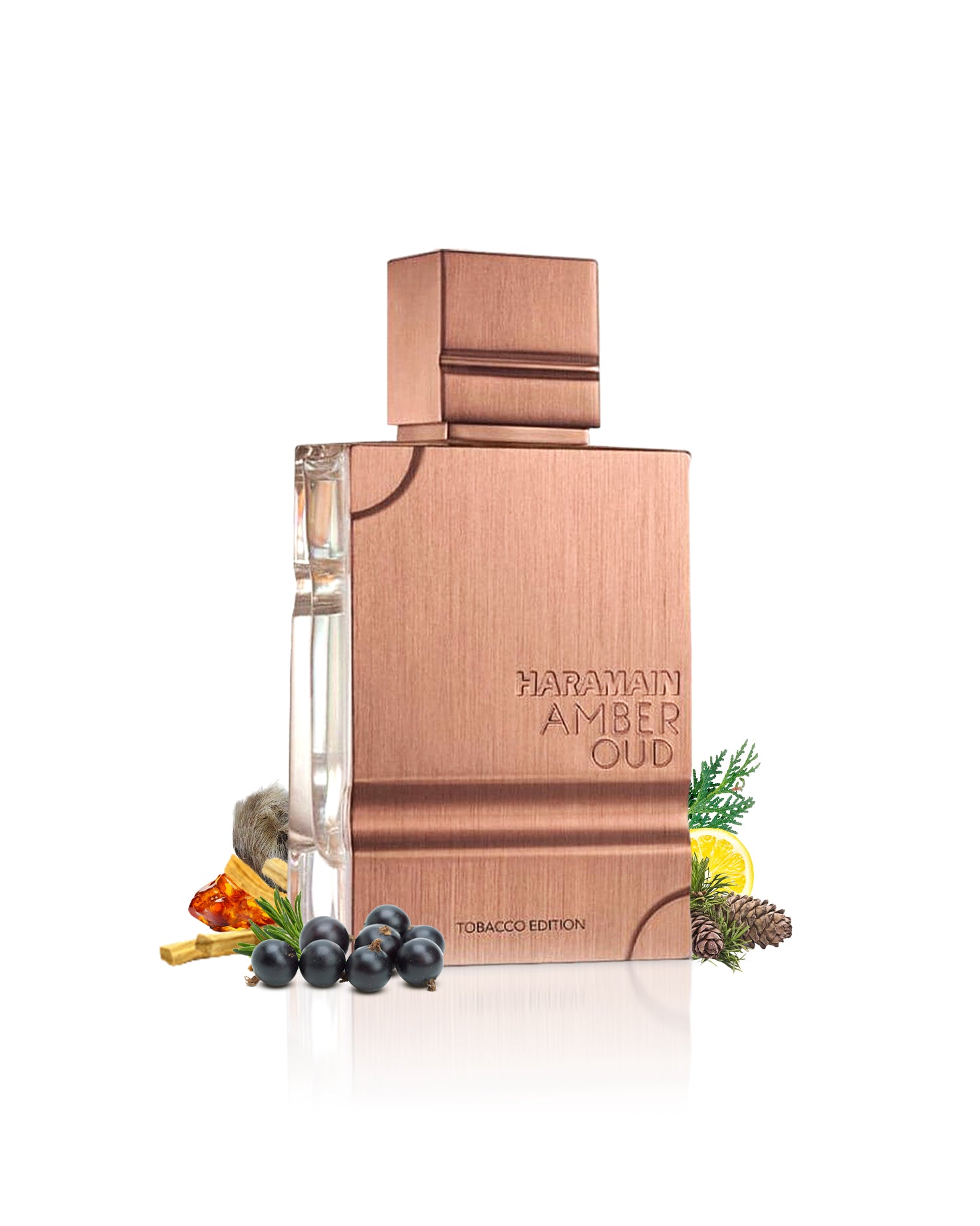 amber oud tobacco edition by al haramain perfume bottle surrounded with its ingredients like amber and citrus with many others shows from behind the bottle against white background