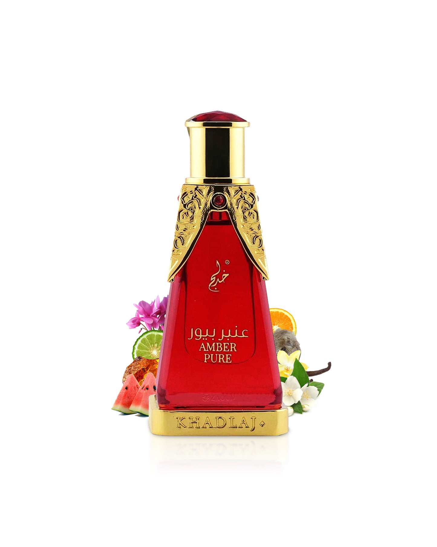 amber pure perfume oil bottle by khadlaj surrounded with fragrance notes like watermelon and jasmine shows against white background