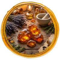 Amber stones on a wooden surface with lavender and rosemary, framed by a decorative border.