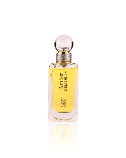 amber delicieux edp perfume bottle against white background