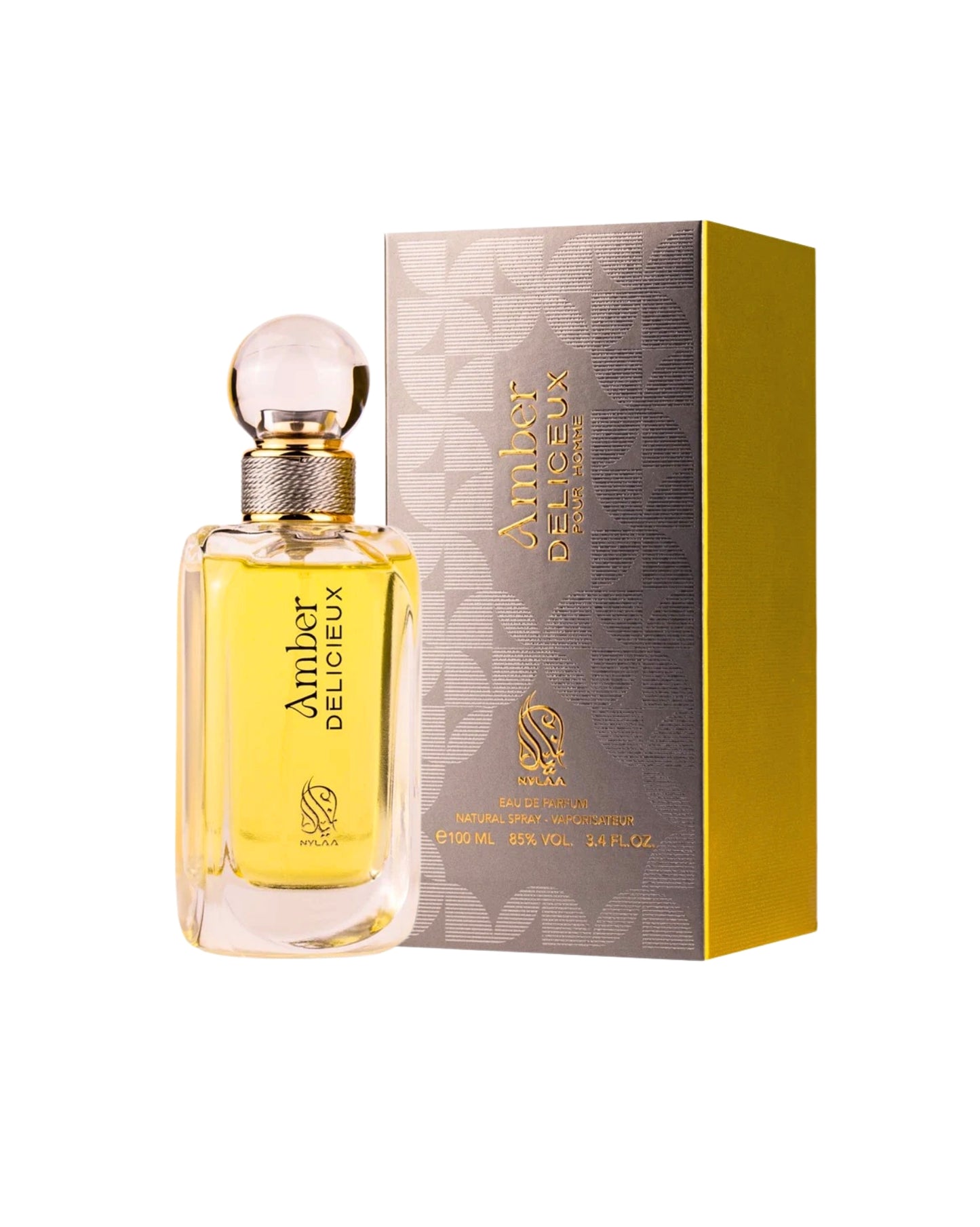 amber delicieux edp perfume bottle and box against white background