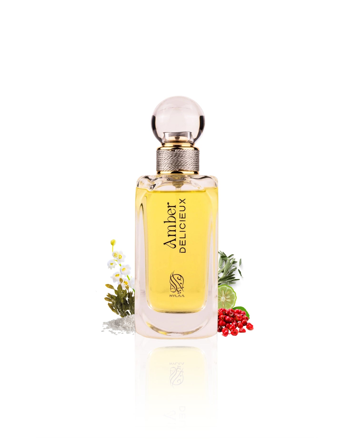 amber delicieux edp perfume bottle surrounded by seaweed pinkpepper against white background