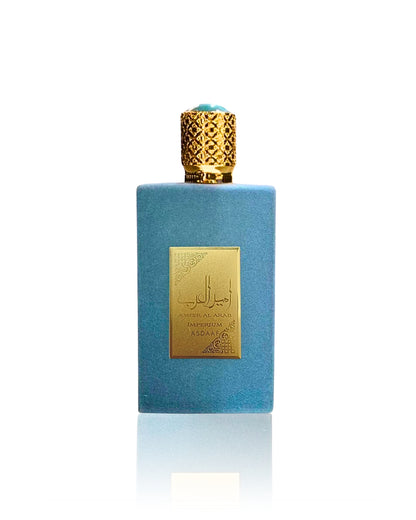 Asdaaf ameer al arab imperium Perfume bottle with gold cap and label on a white background