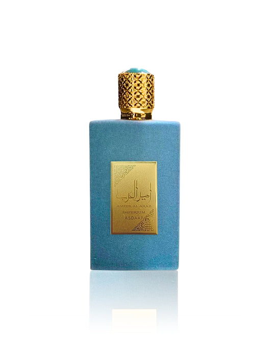 Asdaaf ameer al arab imperium Perfume bottle with gold cap and label on a white background