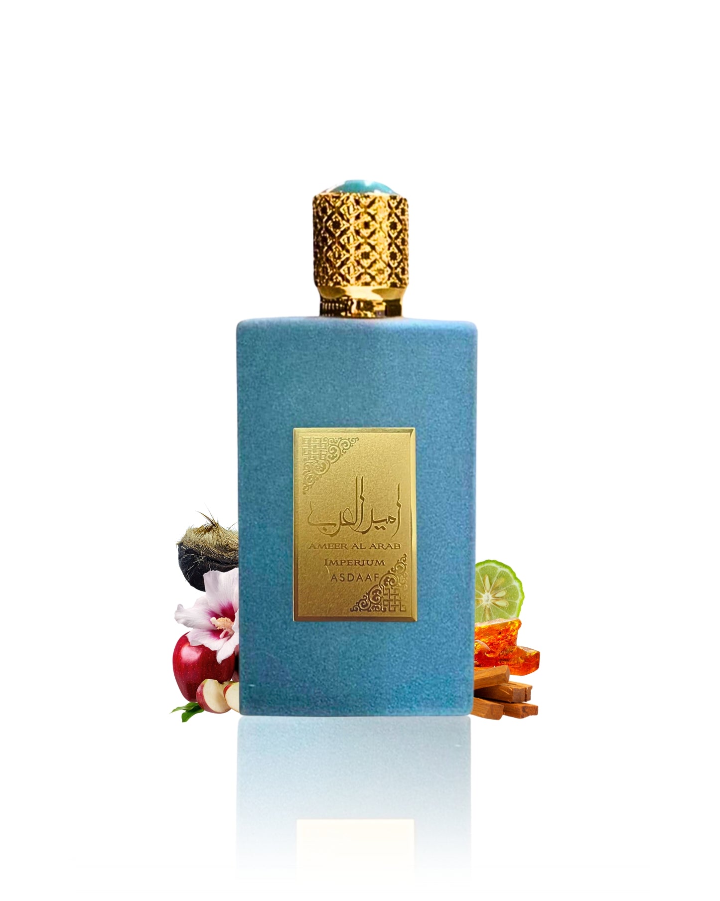 ameer al arab imperium by asdaaf perfumes bottle surrounded with its ingredients like apple and citrus with many others shows from behind the bottle against white background