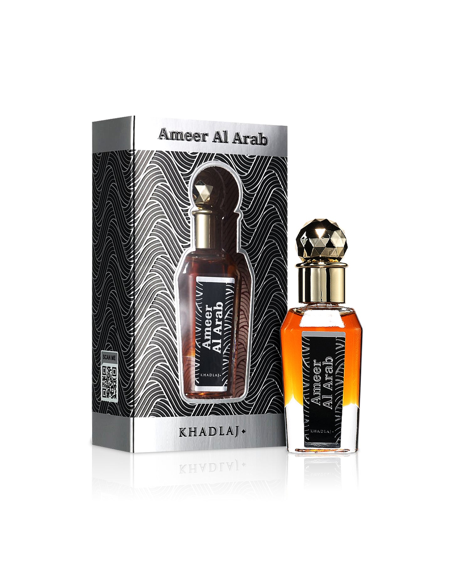 khadlaj ameer al arab perfume oil bottle shows beside its box against white background