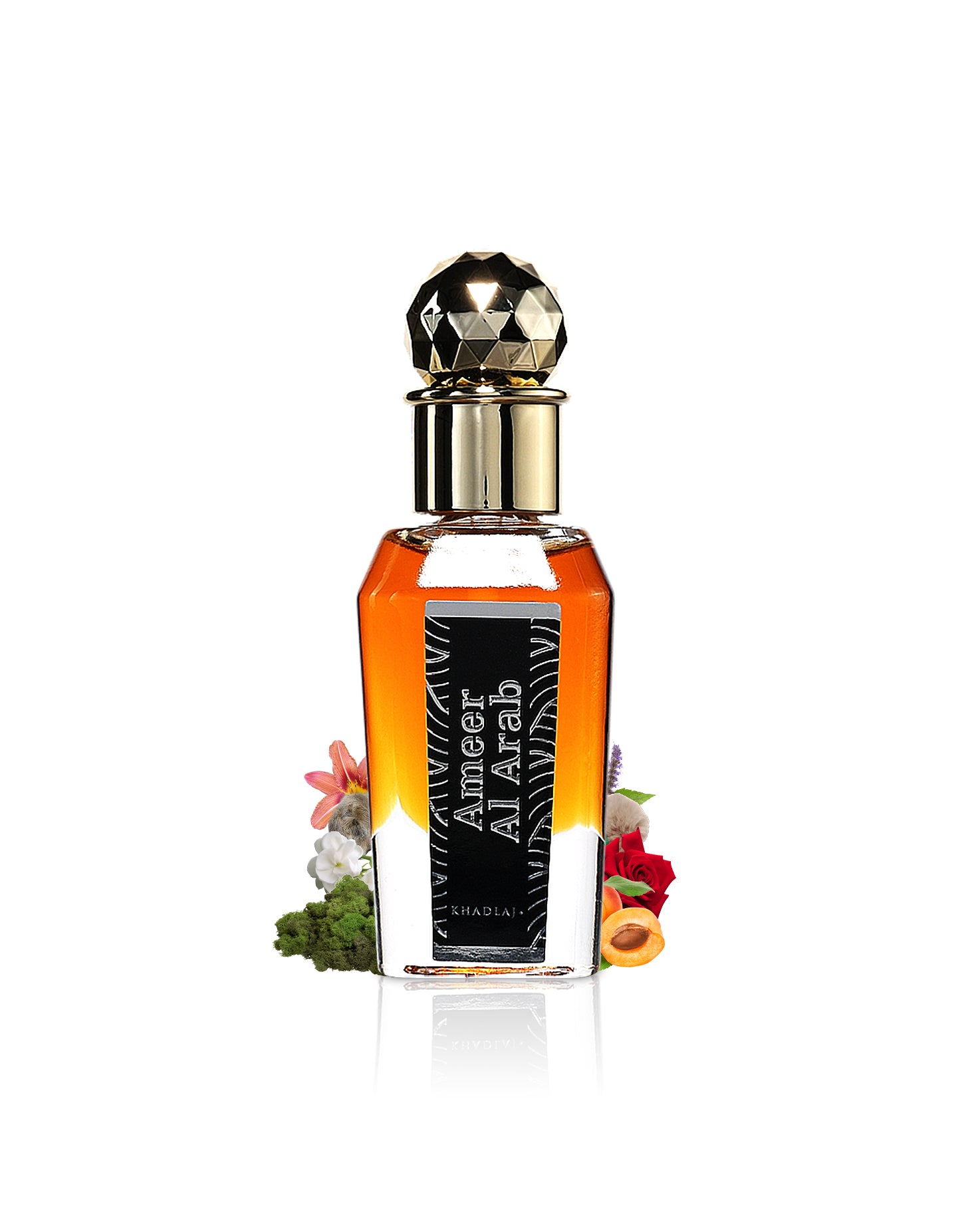 khadlaj ameer al arab perfume oil bottle surrounded with fragrance notes like rose and peach shows from behind the bottle against white background