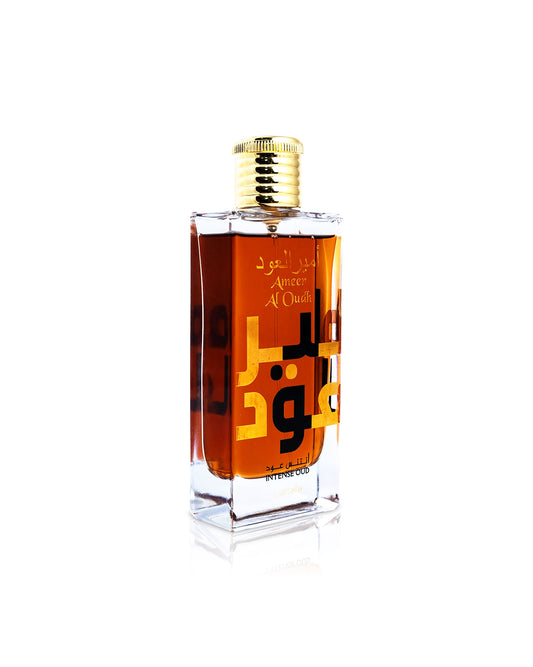 LATTAFA ameer al oudh intense oud Perfume bottle with gold cap and Arabic text on a white background