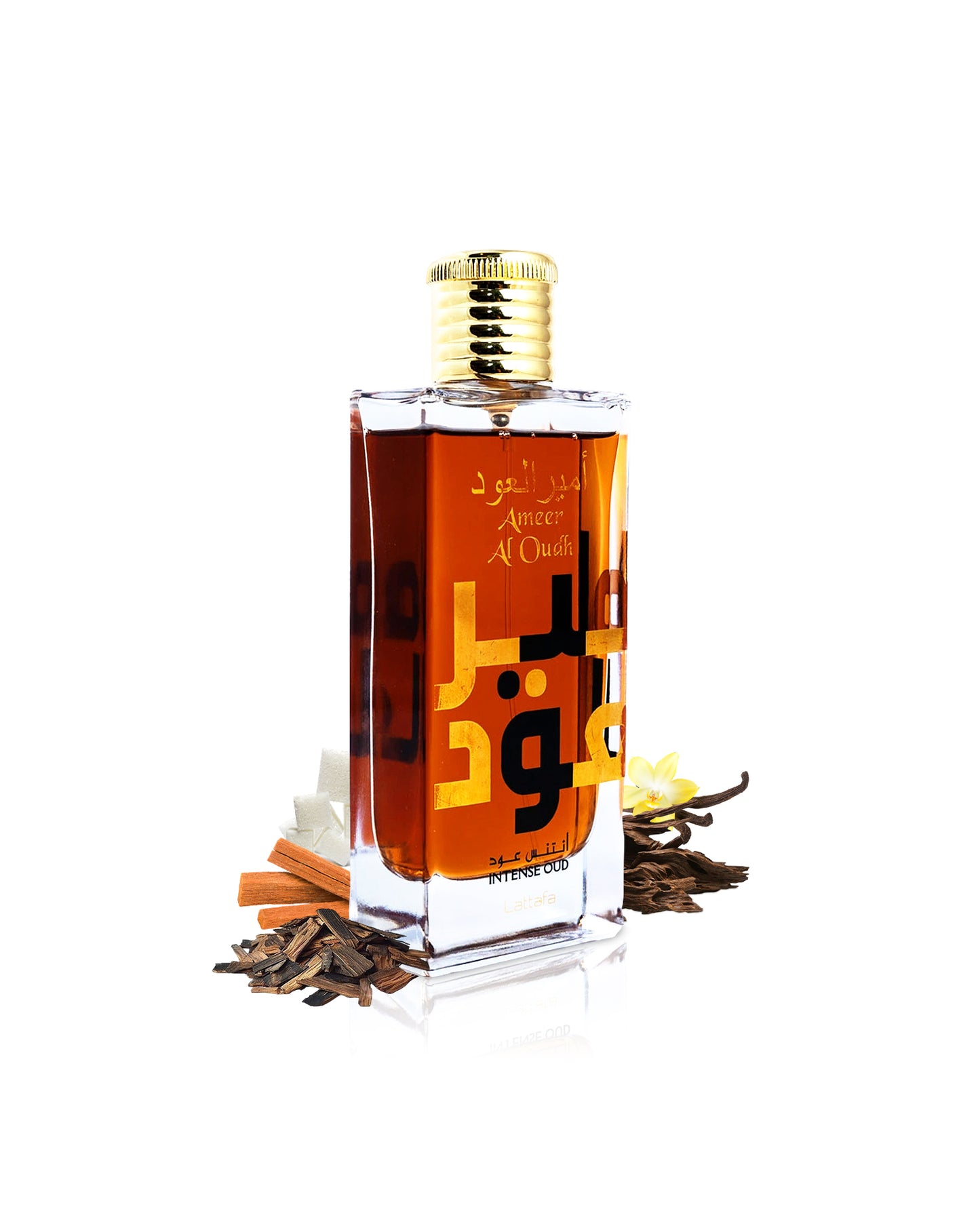 LATTAFA ameer al oudh intense oud Perfume bottle with gold cap surrounded by woods and vanilla and Arabic text on a white background