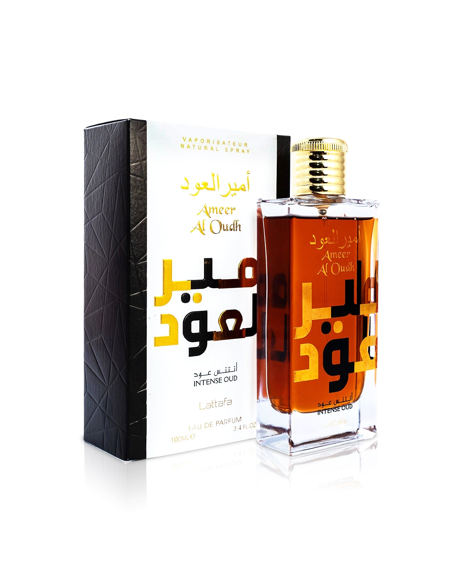 lattafa ameer al oudh intense oud perfume bottle shows beside its box against white background