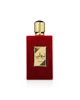 asdaaf ameerat al arab Perfume bottle with gold cap and red base on a white background