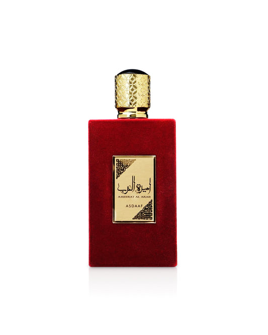 asdaaf ameerat al arab Perfume bottle with gold cap and red base on a white background