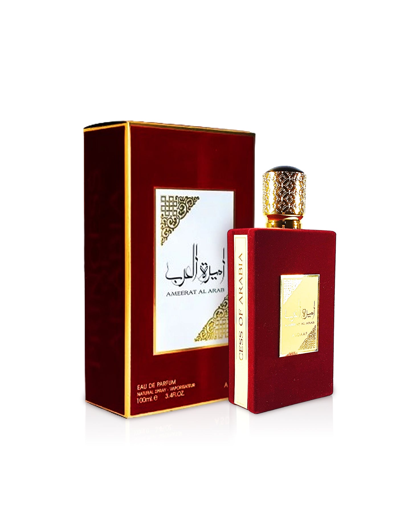 asdaaf ameerat al arab Red and gold perfume bottle with packaging on a white background