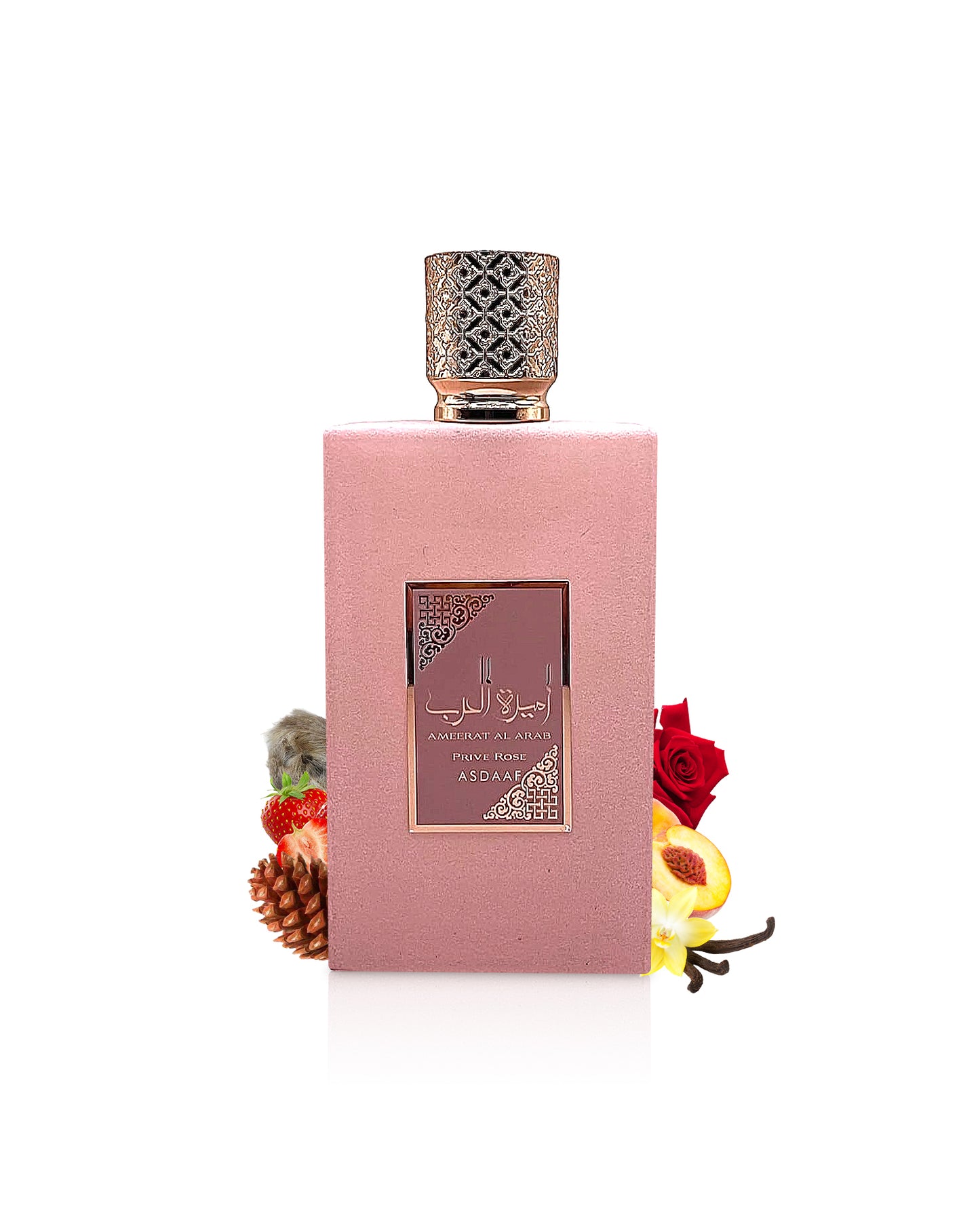 ameerat al arab prive rose by asdaaf perfumes bottle surrounded with its ingredients like vanilla and rose with many others shows from behind the bottle against white background