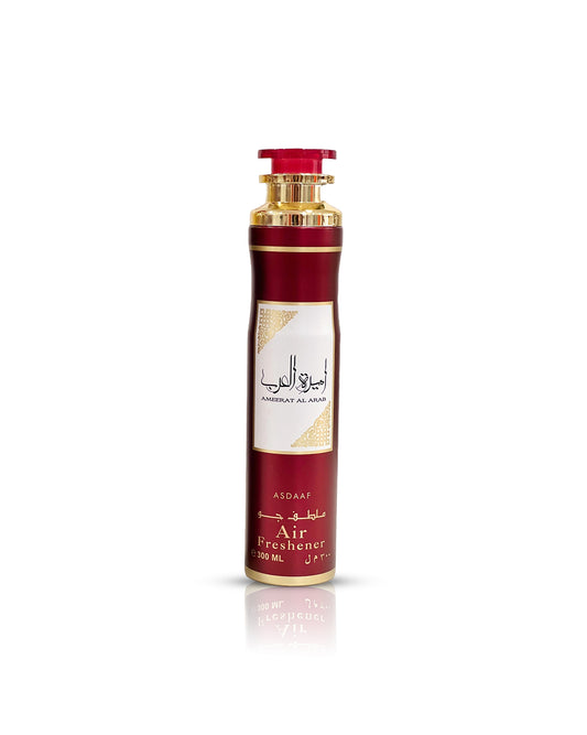 ameerat al arab air freshener Red and gold air freshener bottle with white label on a white background