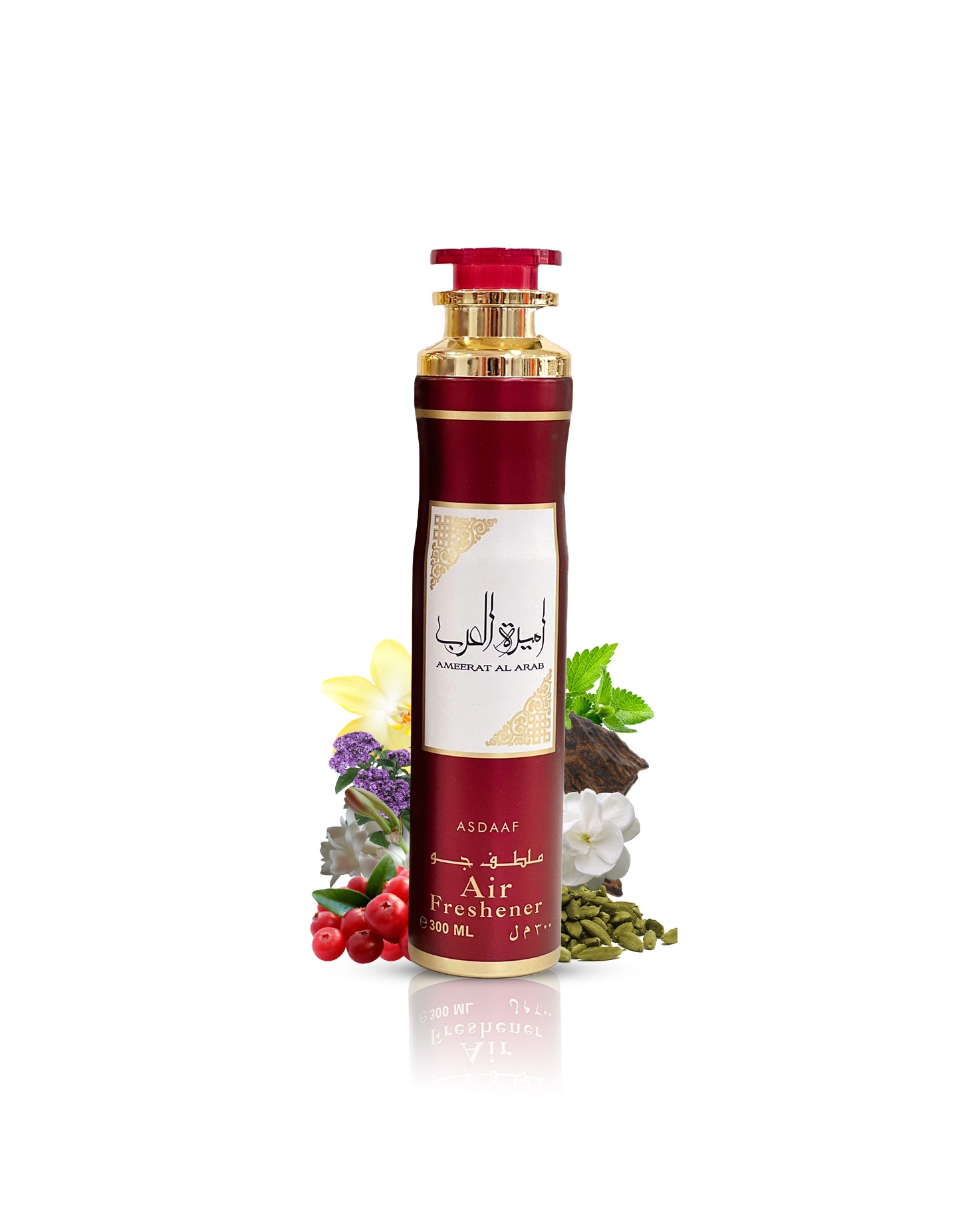ameerat al arab air freshener bottle surrounded by cardamom vanilla against white background