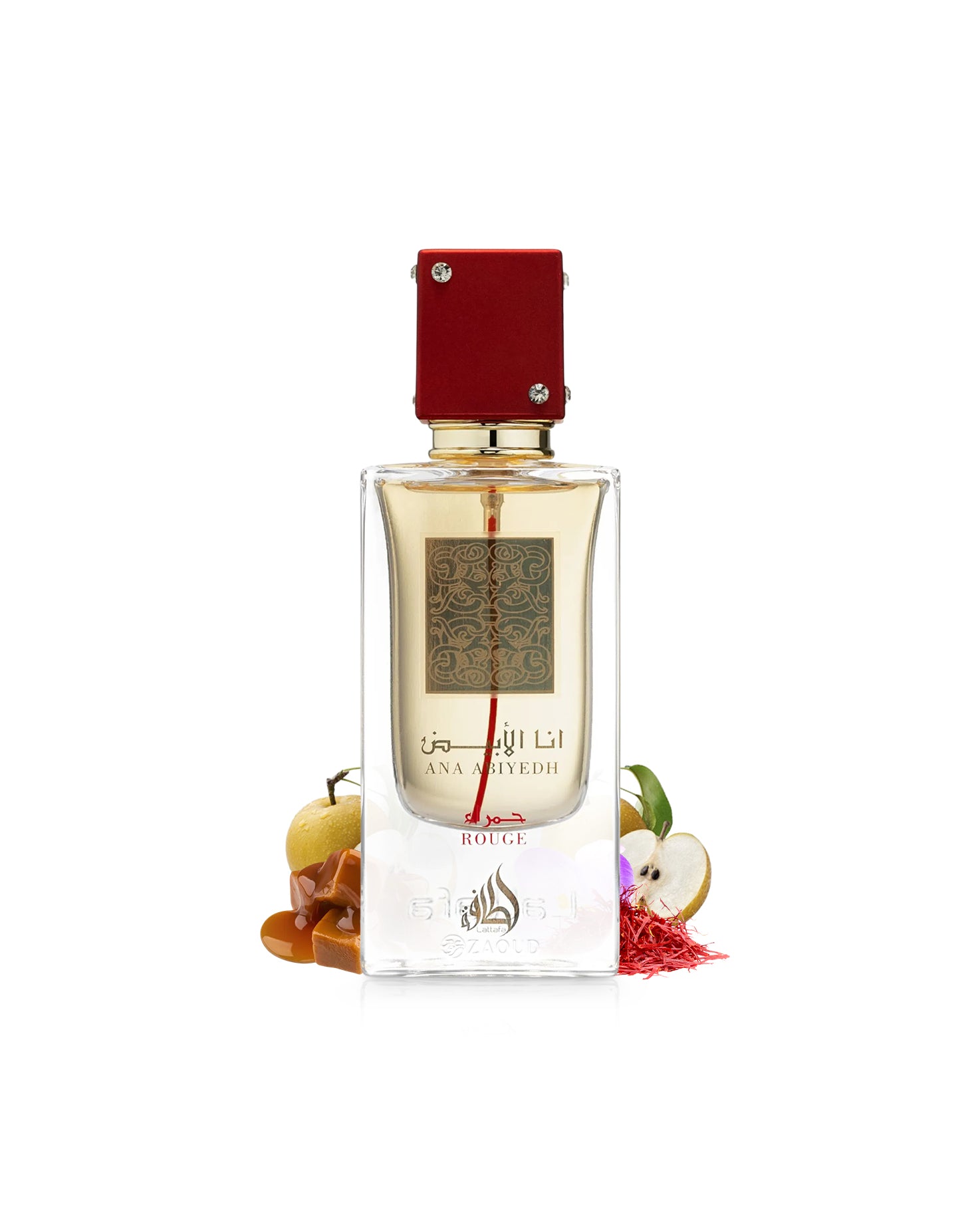 ana abiyedh rouge perfume bottle surrounded by fragrance notes like saffron and caramel shows against white background
