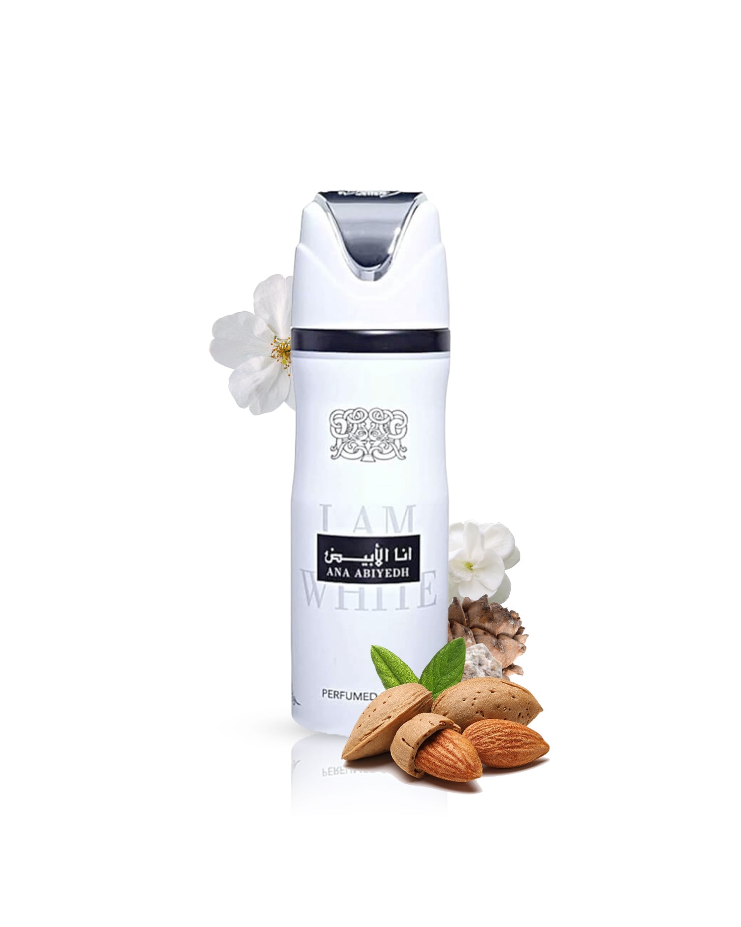 ana abiyedh deodorant bottle surrounded by almond musk against white background