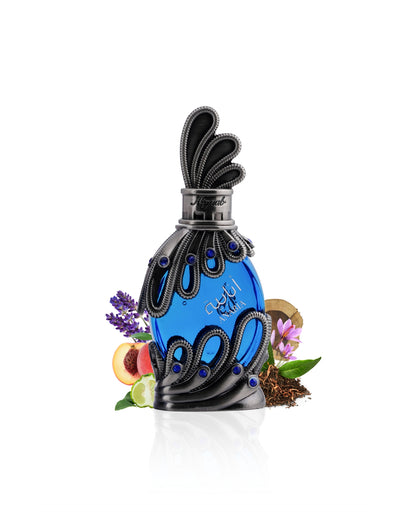 khadlaj anabia blue perfume bottle surrounded ith fragrance notes like bergamot and peach shows against white background