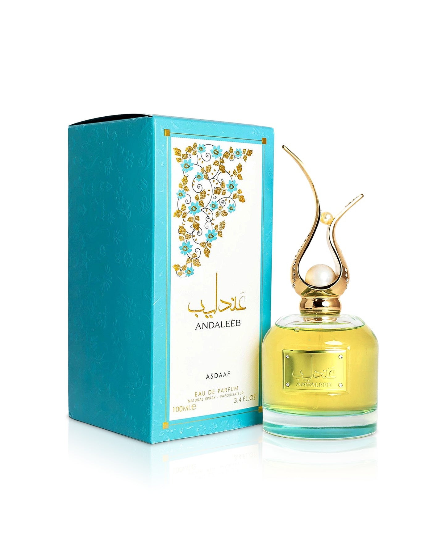 asdaaf al andaleeb perfume bottle shows beside its box against white background