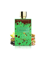 anfar dubai chocolate pistachio kunafa perfume bottle surrounded with fragrance notes like tonka and pistachio shows against white background