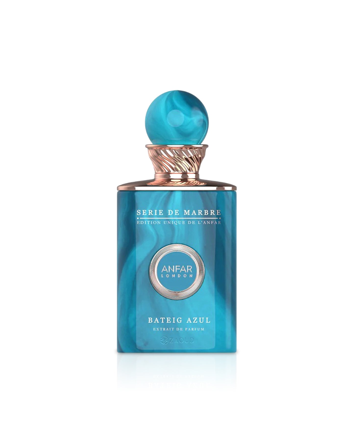 anfar london bateig azul Blue perfume bottle with a gold cap on a white background