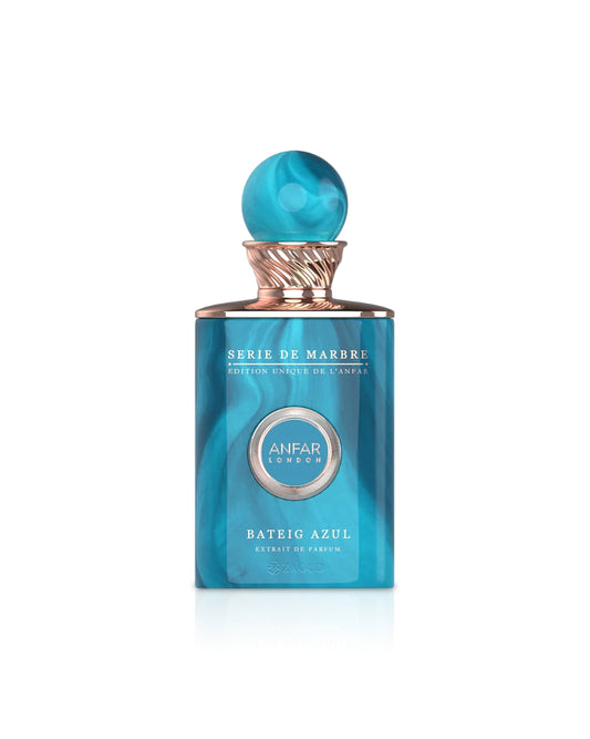 anfar london bateig azul Blue perfume bottle with a gold cap on a white background