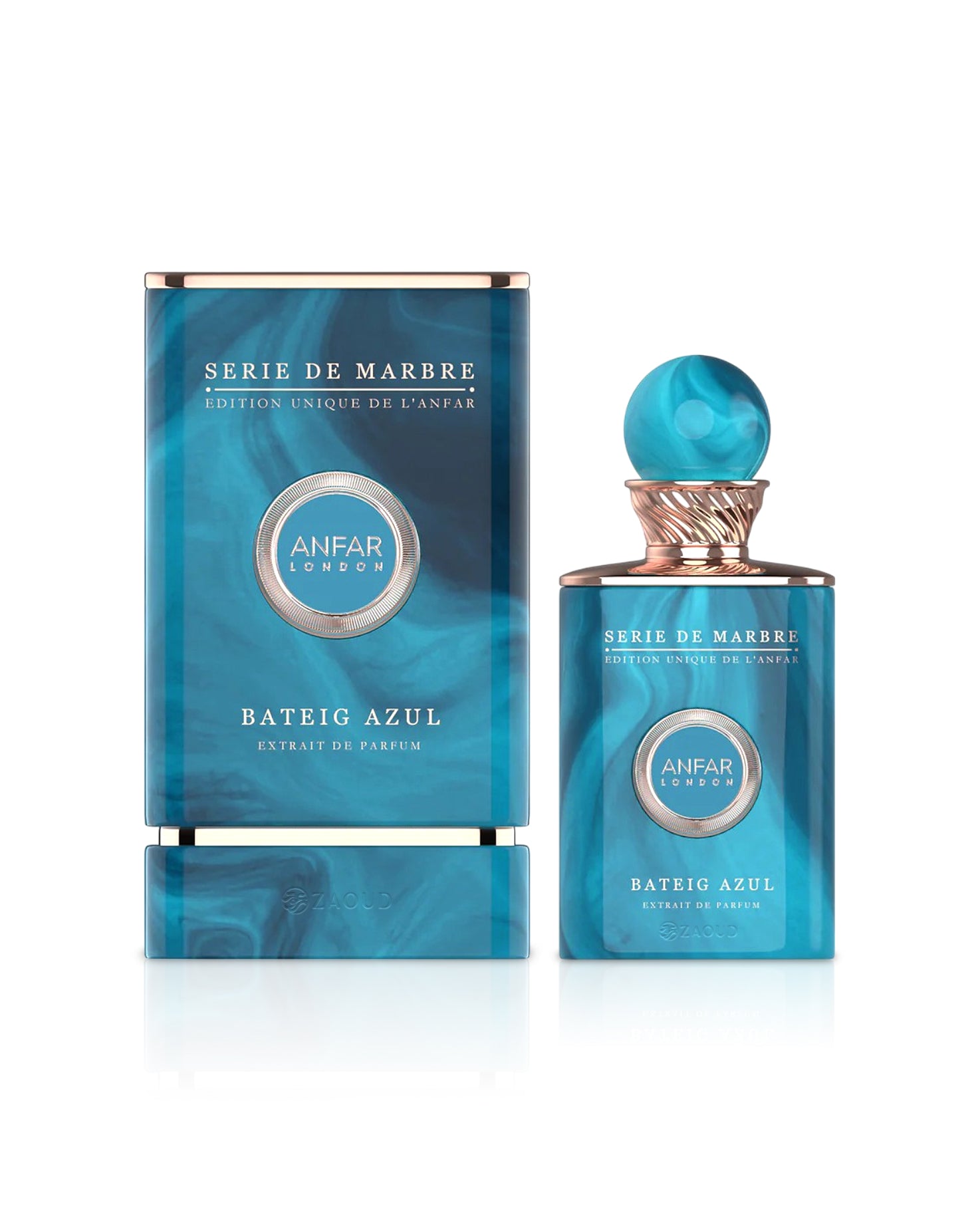 anfar london bateig azul Blue perfume bottle and packaging with 'Anfar' branding on a white background