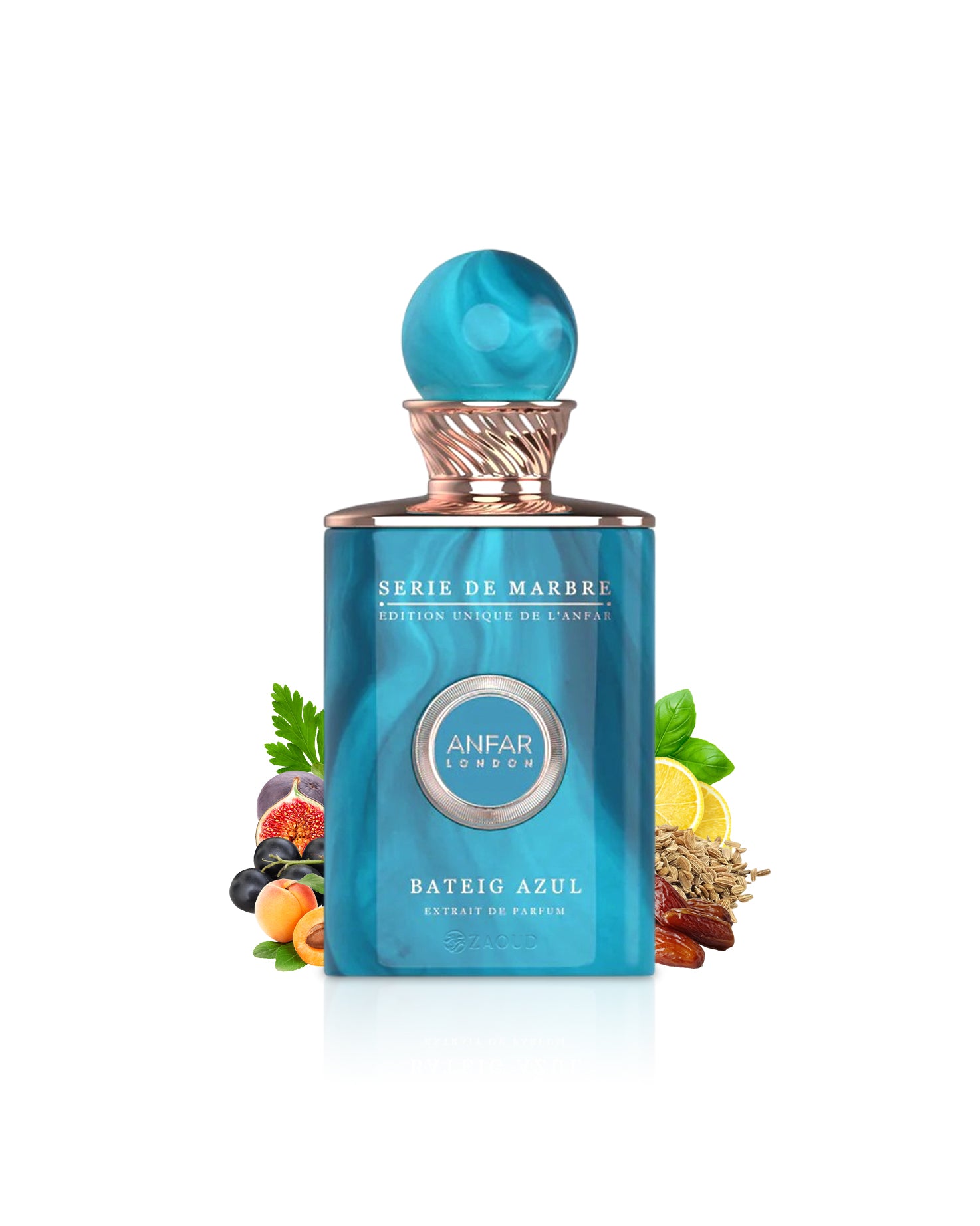 anfar london bateig azul Blue perfume bottle with decorative elements like dates and fig  on a white background