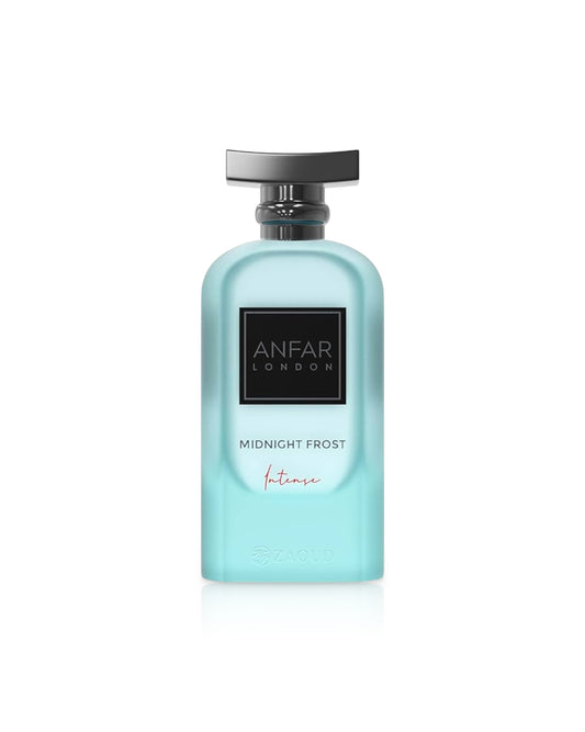 Blue perfume bottle labeled 'Anfar London Midnight Frost intense' on a white background
