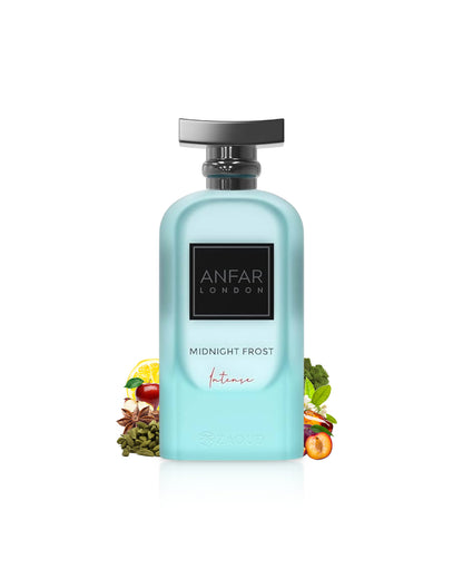 Anfar Midnight Frost intense perfume bottle surrounded by fragrance notes like pulm and cardamom on a white background