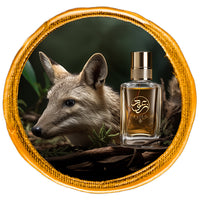 animalic perfume bottle over wood log behind a wolf