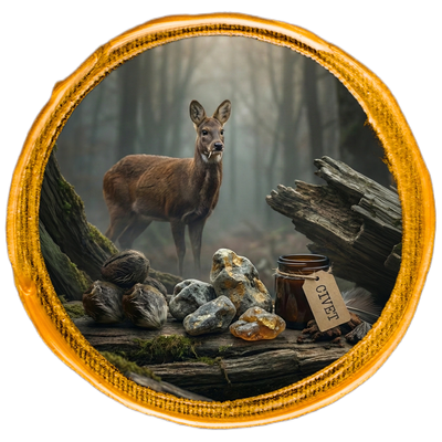 himalaya Deer in a forest with ambergris, musk pods and civet jar labeled 'civet' on a white background