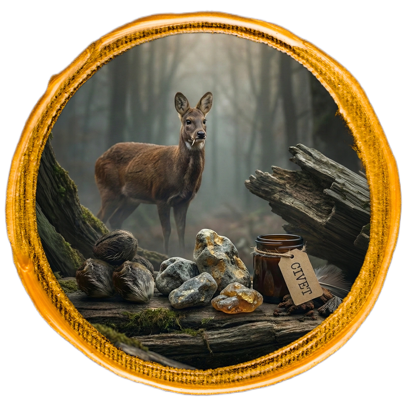himalaya Deer in a forest with ambergris, musk pods and civet jar labeled 'civet' on a white background