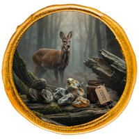 himalaya Deer in a forest with ambergris, musk pods and civet jar labeled 'civet' on a white background