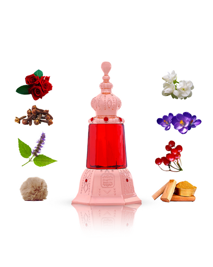 Aqeeq perfume oil by naseem perfumes bottle surrounded with its ingredients like cloves and rose with many others shows against white background