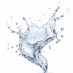 A dynamic splash of clear water captured mid-air against a solid white background, showing detailed water droplets and transparent fluid motion.