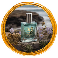 aquatic perfume bottle infront of a sea beach besides seaweed flowers