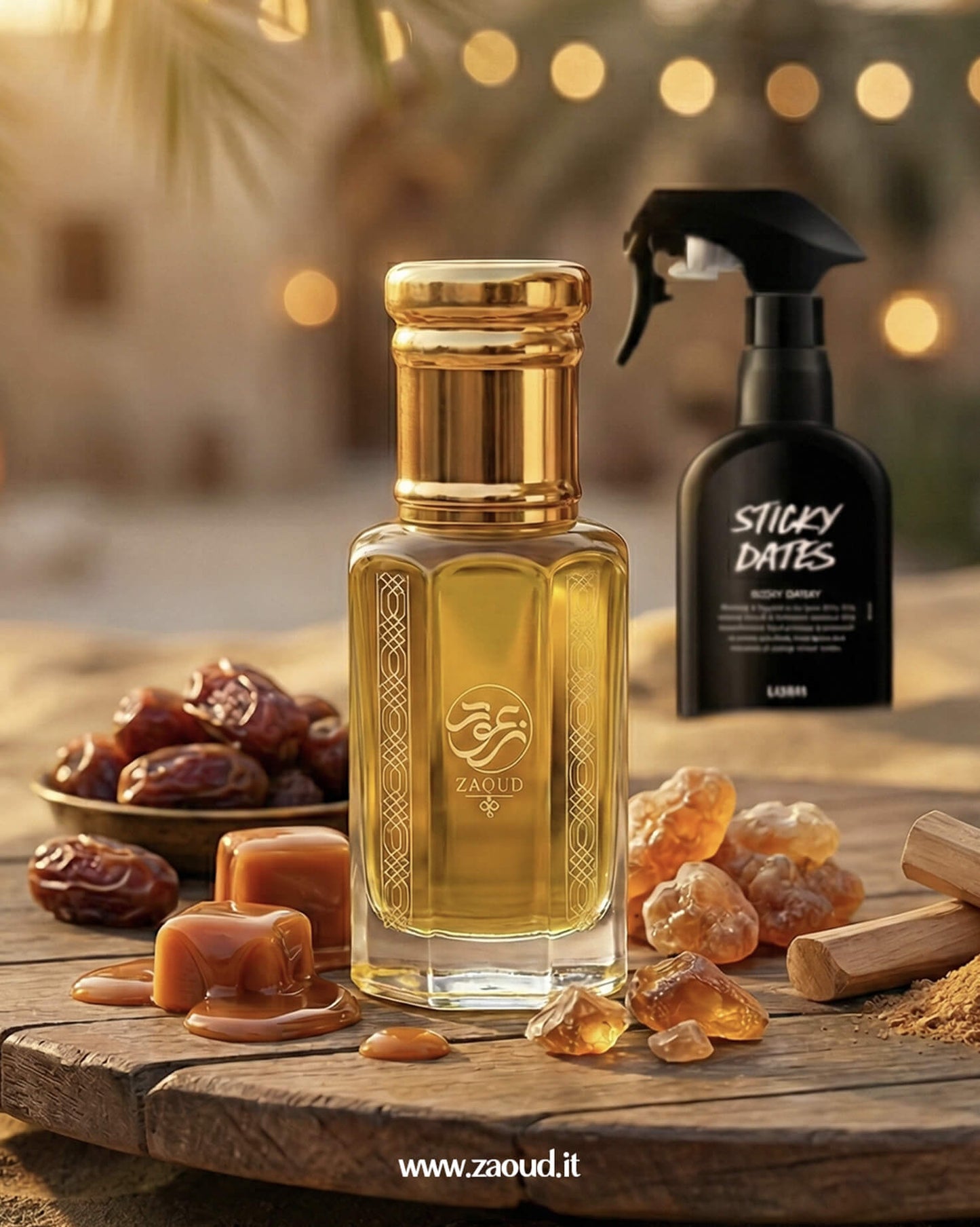 Gold perfume bottle with a spray bottle labeled 'Sticky Dates' on a wooden surface with dates and caramel