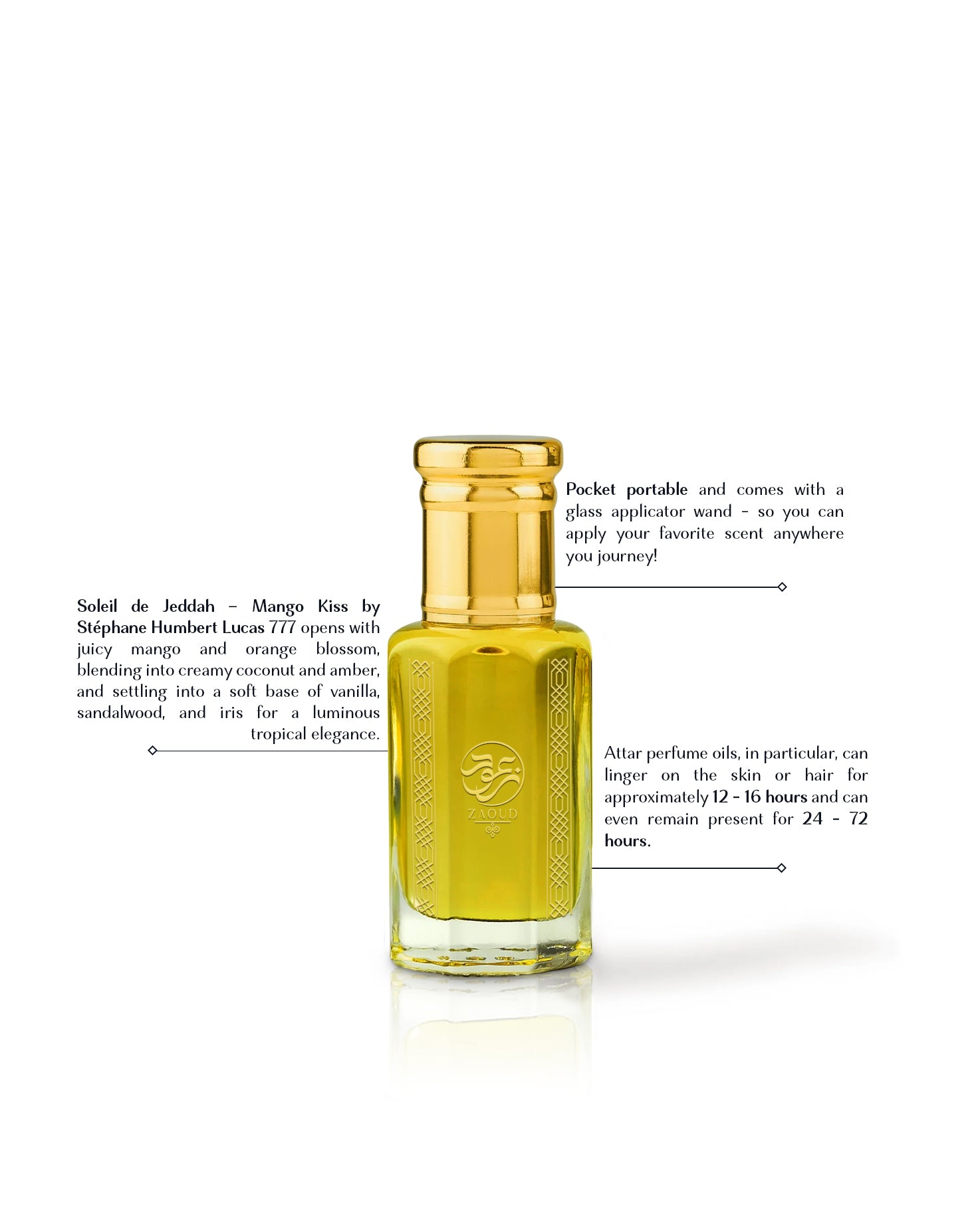 arabian mango Perfume oil bottle with golden cap beside written fragrance informations against white background