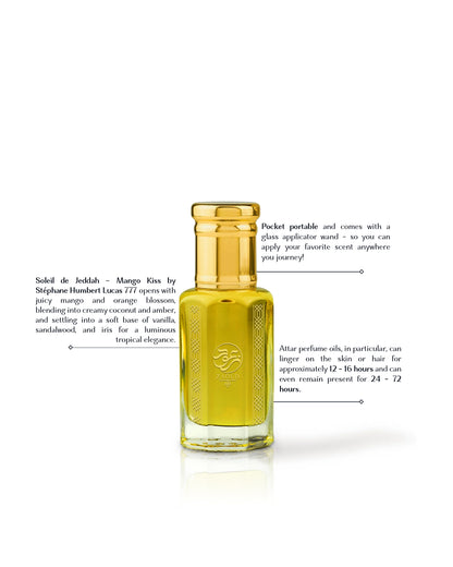arabian mango Perfume oil bottle with golden cap beside written fragrance informations against white background